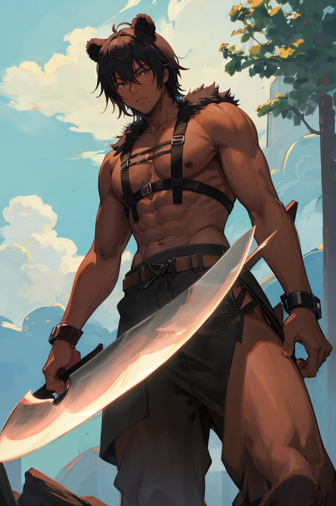 anime of Half-bear man with darker skin, holding a machete.