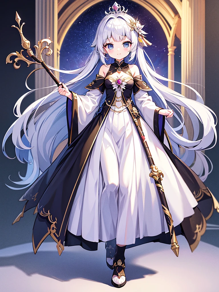 Full-body portrait、Are standing、Silver Hair、Messy hair、Very long hair、Long Hair、Silver-based noble princess outfit、Has a beautiful walking stick