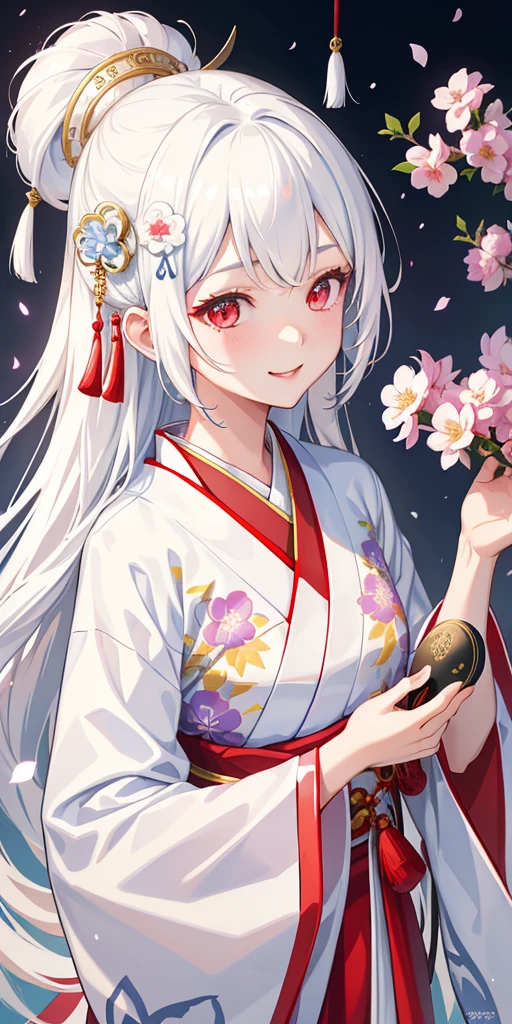 One girl、(Hanfu)、Sparkling、Side light、wallpaper、A Japanese man with white hair that reaches down to his back、Red eyes、White kimono with light blue floral pattern、Beautiful Faces、Cute Smile