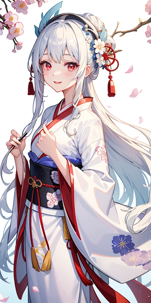 One girl、(Hanfu)、Sparkling、Side light、wallpaper、A Japanese man with white hair that reaches down to his back、Red eyes、White kimono with light blue floral pattern、Beautiful Faces、Cute Smile