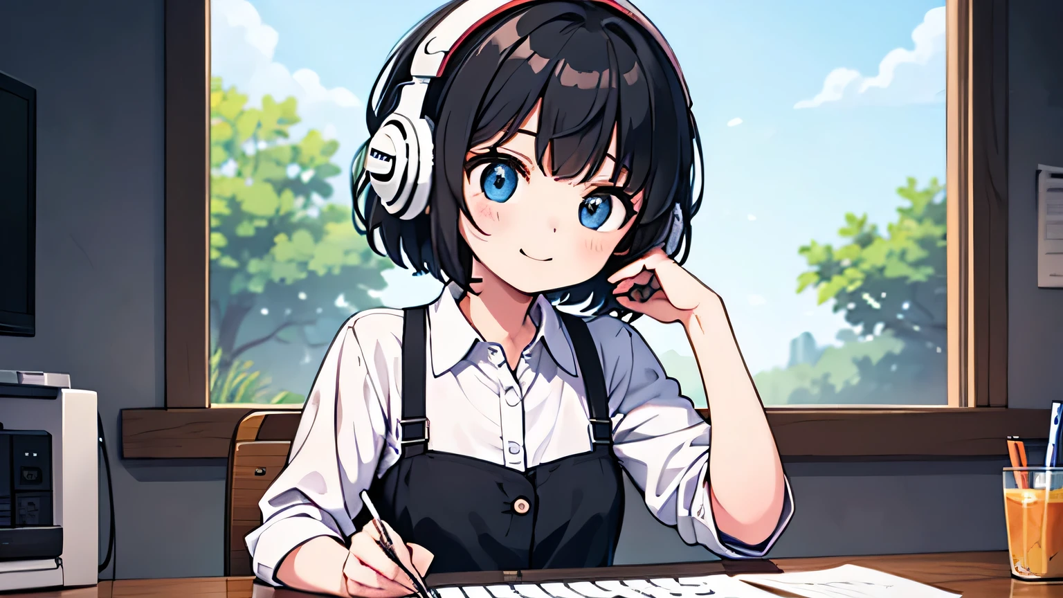 1girl, solo, blue eyes, (detailed eyes), flat chest, short hair, black hair, upper body, gentle smile on her face, wearing a black dress shirt , sitting up straight((masterpiece, illustration, best quality)) girl engrossed in her studies in a serene room, wearing headphones and lost in the rhythm of her music One enchanting  girl, immersed in thought in her cozy study, dons headphones to drown out distractions and immerse herself in soothing tunes. The gentle radiance of the computer screen illuminates her engrossed expression, as she meticulously taps away at the keyboard, sustained in her focus. The occasional dance of her tresses in the gentle breeze adds a playful note to the scene, reminding us of the determination and passion that fuels her academic pursuits.