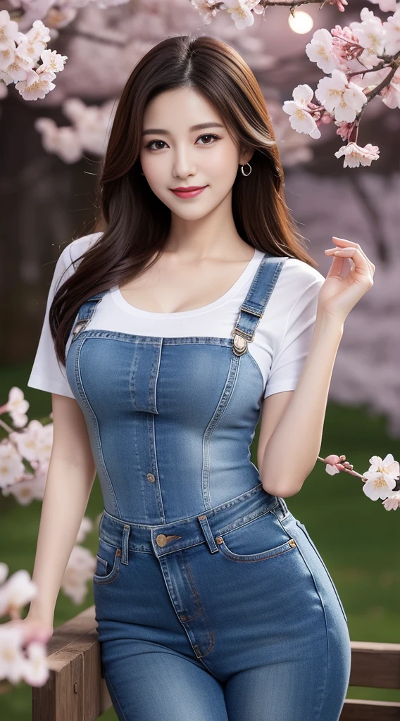 Highest quality, Full body portrait, Cinematic texture shots, Beautiful Face, Beautiful Face, 40-year-old woman, smile, Slim figure,Large Bust, T-Shirts、Korean style,jeans、garden, cherry blossoms、Cherry Blossoms at Night、Moon Background、Falling petals、