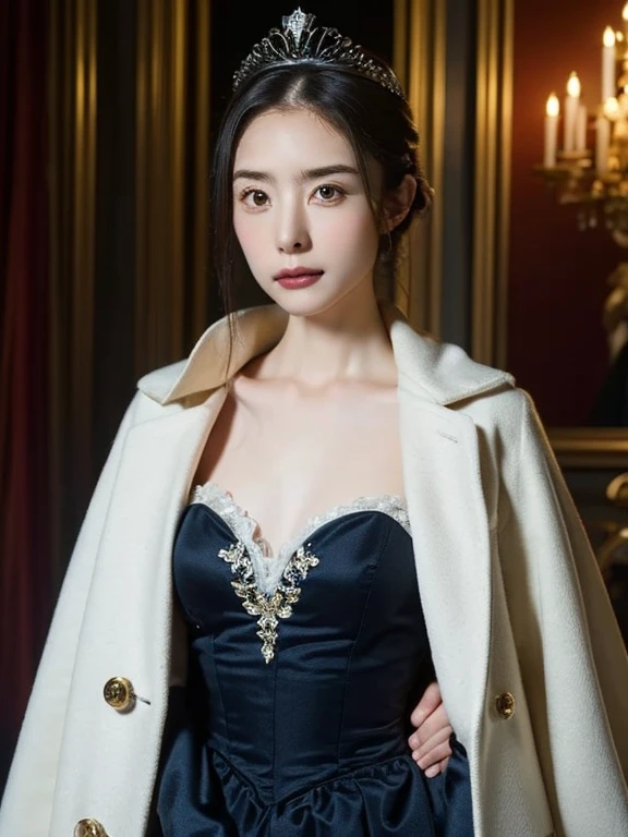 (Ultra-high resolution), (masterpiece), (Attention to detail), (high quality), (最high quality) , One Girl, Medieval Lady, ((Queen)), Victorian Style, race, silk, Long gown, High upstyle, tiara, Royal Blue, Silver Accessories, Luxury Background, Royal Palace Garden, Coat of arms, Luxurious curtains, Classic beauty, Sophistication, Noble, 王家のCoat of arms, Graceful pose, Noble atmosphere