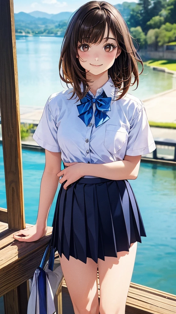 (masterpiece:1.2, highest quality), (Realistic, photoRealistic:1.4), Beautiful illustrations, (Natural Side Lighting, Cinema Lighting), 
View your viewers, 1 girl, Japanese, Junior high school girl, 12 years old, Perfect Face, cute and symmetrical face, Shiny skin, thin, 
(Middle Hair:1.2, Half Up:1.4, Light brown hair), Asymmetrical bangs, Brown eyes, Long Eyelashes, (Medium chest:0.7), 
Beautiful Hair, Beautiful Face, Beautiful fine details, Beautiful clavicle, Beautiful body, Beautiful breasts, Beautiful thighs, Beautiful feet, Beautiful fingers, 
((Detailed cloth texture, Short sleeve white collar shirt, Blue pleated mini skirt, blue bow tie)), 
(Beautiful views), evening, (River side), Are standing, (cute, Cute smile, Upward glance),