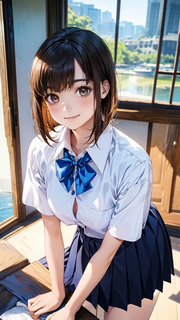 (masterpiece:1.2, highest quality), (Realistic, photoRealistic:1.4), Beautiful illustrations, (Natural Side Lighting, Cinema Lighting),
View your viewers, 1 girl, Japanese, Junior high school girl, , Perfect Face, cute and symmetrical face, Shiny skin, thin,
(Middle Hair:1.2, Half Up:1.4, Light brown hair), Asymmetrical bangs, Brown eyes, Long Eyelashes, (Medium chest:0.7),
Beautiful Hair, Beautiful Face, Beautiful fine details, Beautiful clavicle, Beautiful body, Beautiful breasts, Beautiful thighs, Beautiful feet, Beautiful fingers,
((Detailed cloth texture, Short sleeve white collar shirt, Blue pleated mini skirt, blue bow tie)),
(Beautiful views), evening, (River side), Are standing, (cute, Cute smile, Upward glance),