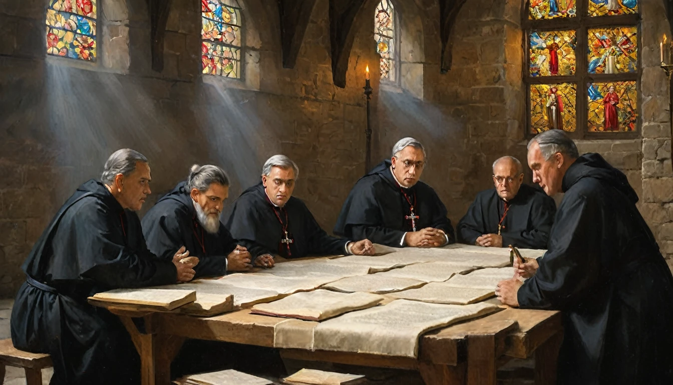 several priests dressed in religious robes and habits, gathered around a wooden table in a stone room lit by candles. The priests have serious and focused expressions as they discuss the terms of peace. On the table, there are scrolls, quills and ink, symbols of negotiation and documentation. The room is decorated with religious symbols, including crosses and icons, which reinforce the ecclesiastical context of the meeting. In the background, colorful stained glass windows can be seen casting a soft, sacred light on the scene. The atmosphere is solemn and charged with hope, capturing a crucial moment of diplomacy and peace efforts in the Middle Ages., Hyperrealism, Impressionism, UHD, retina, masterpiece, accurate, anatomically correct, textured skin, super detail, award winning, 8k