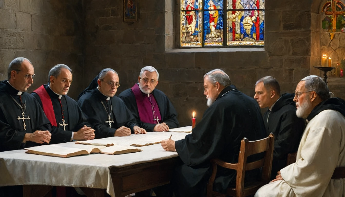 several priests dressed in religious robes and habits, gathered around a wooden table in a stone room lit by candles. The priests have serious and focused expressions as they discuss the terms of peace. On the table, there are scrolls, quills and ink, symbols of negotiation and documentation. The room is decorated with religious symbols, including crosses and icons, which reinforce the ecclesiastical context of the meeting. In the background, colorful stained glass windows can be seen casting a soft, sacred light on the scene. The atmosphere is solemn and charged with hope, capturing a crucial moment of diplomacy and peace efforts in the Middle Ages., Hyperrealism, Impressionism, UHD, retina, masterpiece, accurate, anatomically correct, textured skin, super detail, award winning, 8k
