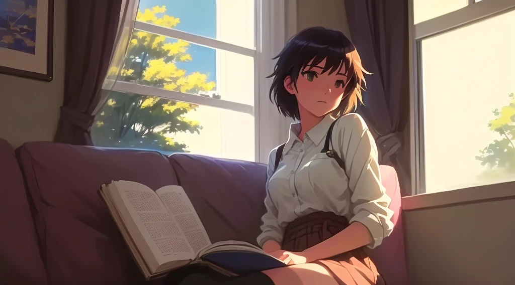 Anime girl sitting on the sofa in front of the window reading a book, praise portrait at a window, praise girl, praise artstyle, praise girl aesthetic, praise art, Makoto Shinkai style, Anime Aesthetics, In the style of Makoto Shinkai, Makoto Shinkai&#39;s art style, praise portrait, praise, Beautiful anime scene