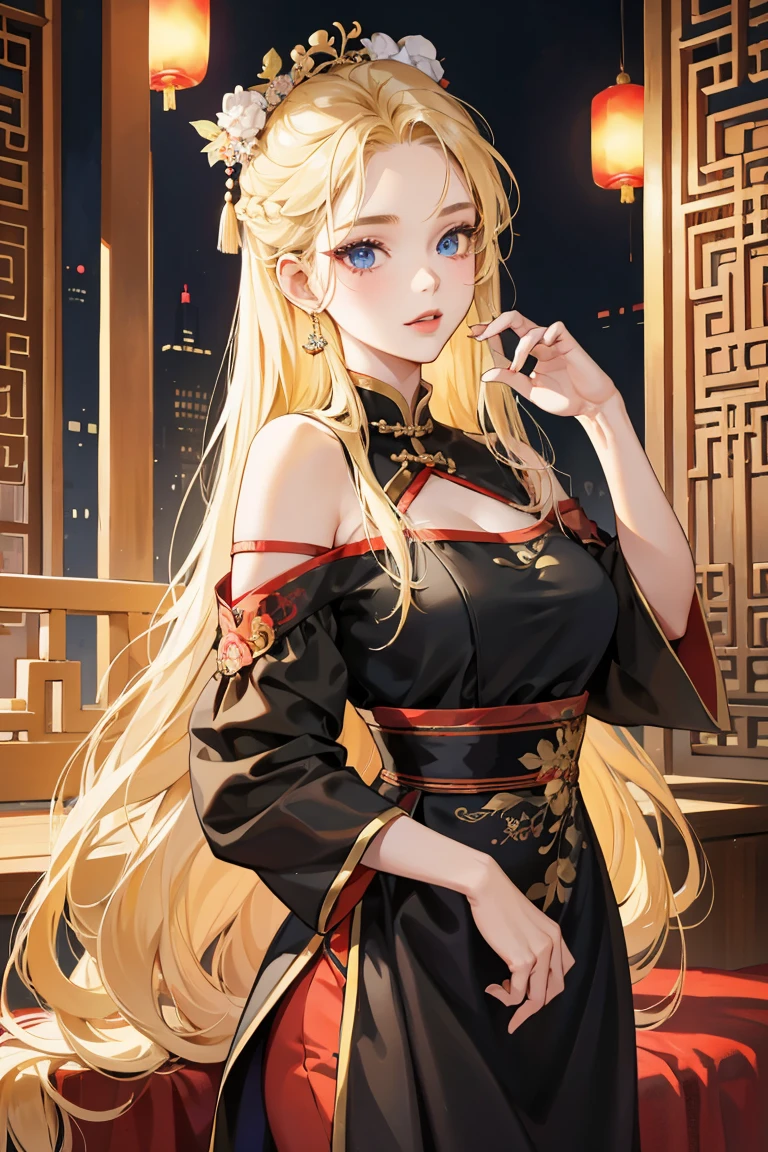 1girl, 30 years old, chinese maid, old chinese dress, black dress, off-the-shoulder, blonde hair, long hair, blonde, blue eyes, sexy, seductive,