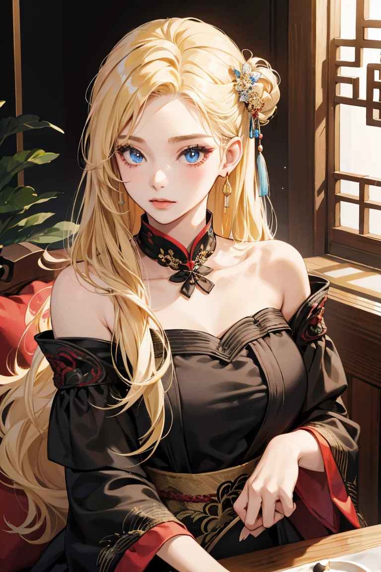 1girl, 30 years old, chinese maid, old chinese dress, black dress, off-the-shoulder, blonde hair, long hair, blonde, blue eyes, sexy, seductive,