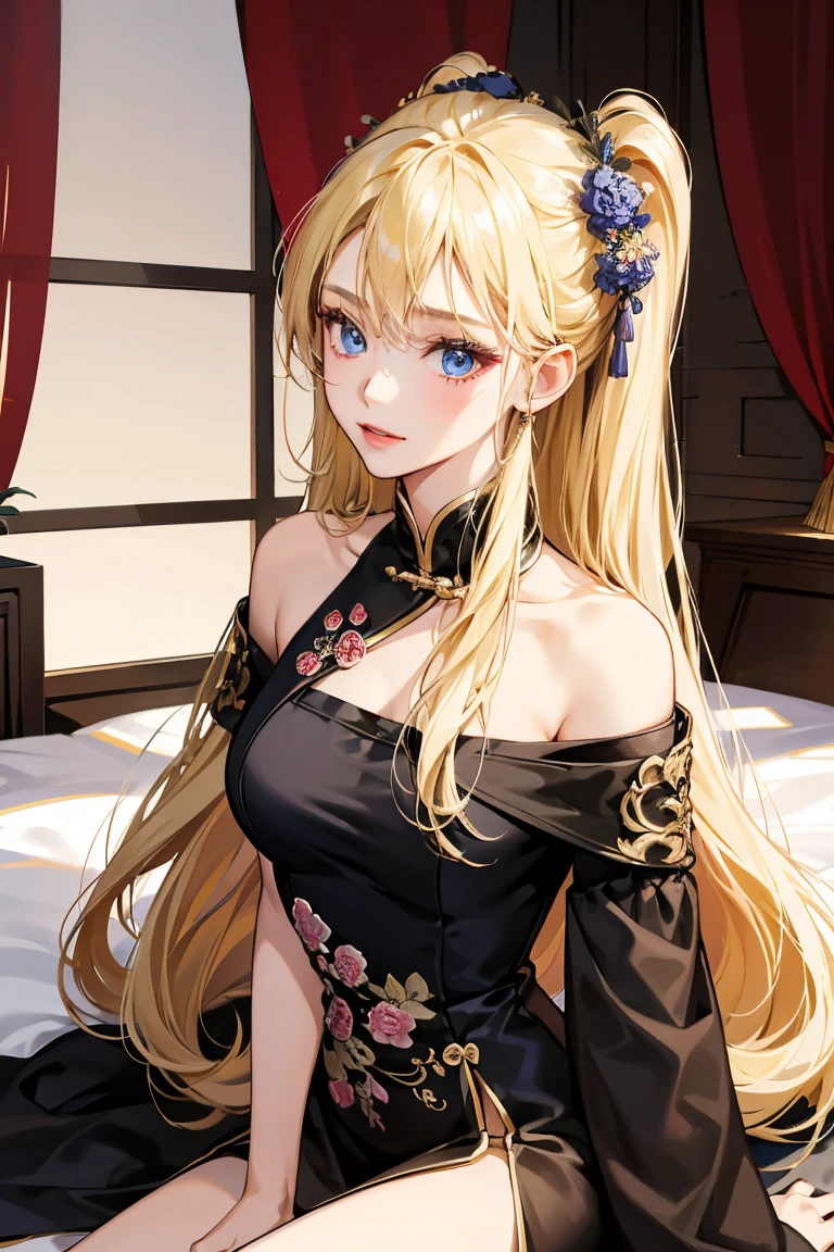 1girl, 30 years old, chinese maid, old chinese dress, black dress, off-the-shoulder, blonde hair, long hair, blonde, blue eyes, sexy, seductive,