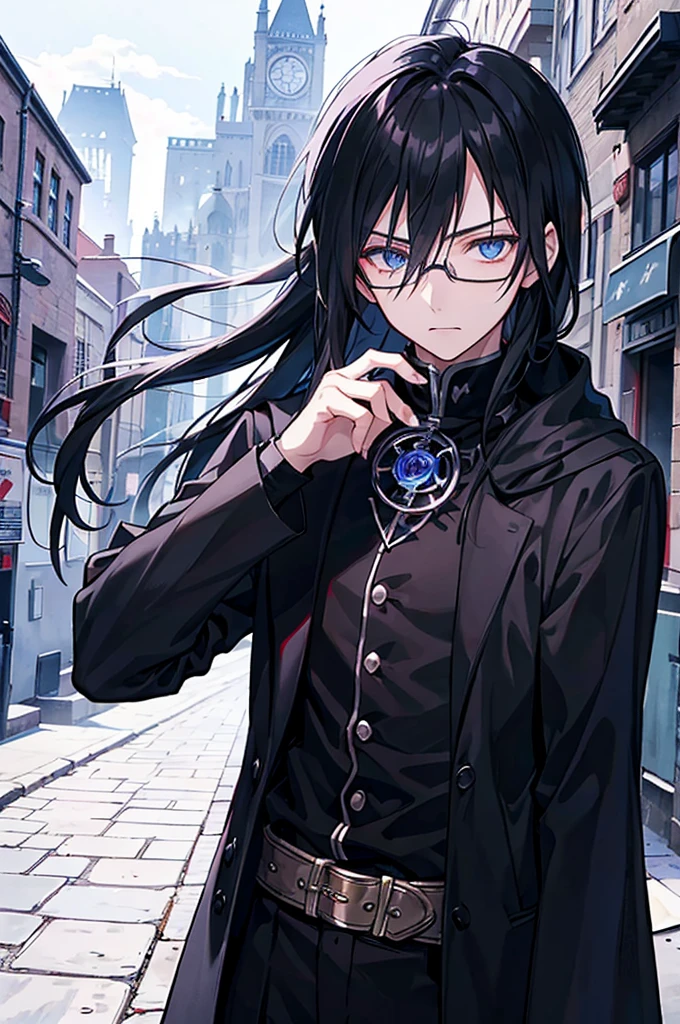 young man, magician, long black hair, blue eyes, wears glasses, wears black magician clothes, hair like Sasuke Uchiha's, cold personality. Manly, medieval city background, adventurous magician.
