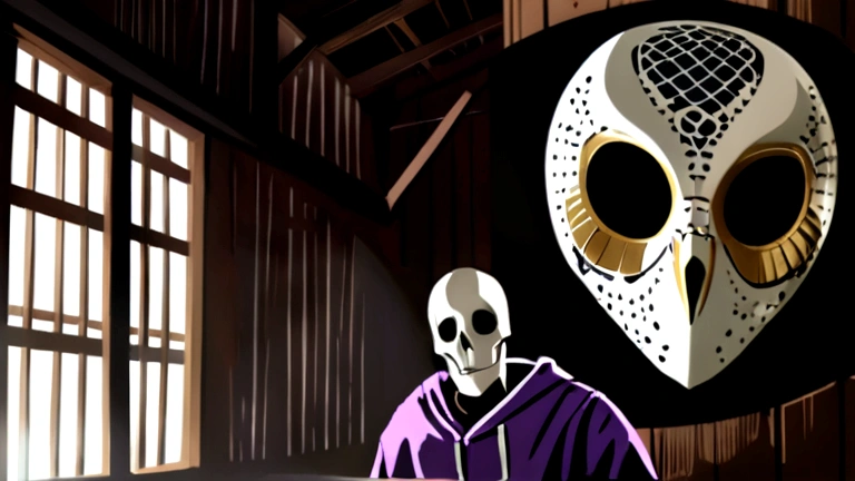 a young man with white skin, middle parted black hair, wearing a black t-shirt, purple hoodie, black pants, and black and white sneakers, detailed facial features, realistic, photorealistic, high quality, 8k, masterpiece, ultra-detailed, physically-based rendering, vivid colors, dramatic lighting barn owl mask, owl mask, bird mask, broken mask, wearing barn owl mask, ( ( mask ) ), ghost mask, ((skull)), masked, raven mask, the masks come off at night, the mask is broken, plague mask, plague doctor mask, skull mask, mask