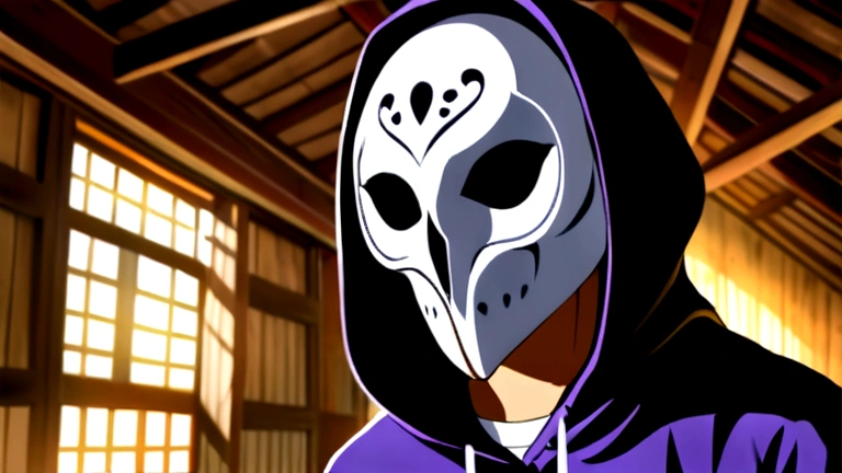 a young man with white skin, middle parted black hair, wearing a black t-shirt, purple hoodie, black pants, and black and white sneakers, detailed facial features, realistic, photorealistic, high quality, 8k, masterpiece, ultra-detailed, physically-based rendering, vivid colors, dramatic lighting barn owl mask, owl mask, bird mask, broken mask, wearing barn owl mask, ( ( mask ) ), ghost mask, ((skull)), masked, raven mask, the masks come off at night, the mask is broken, plague mask, plague doctor mask, skull mask, mask