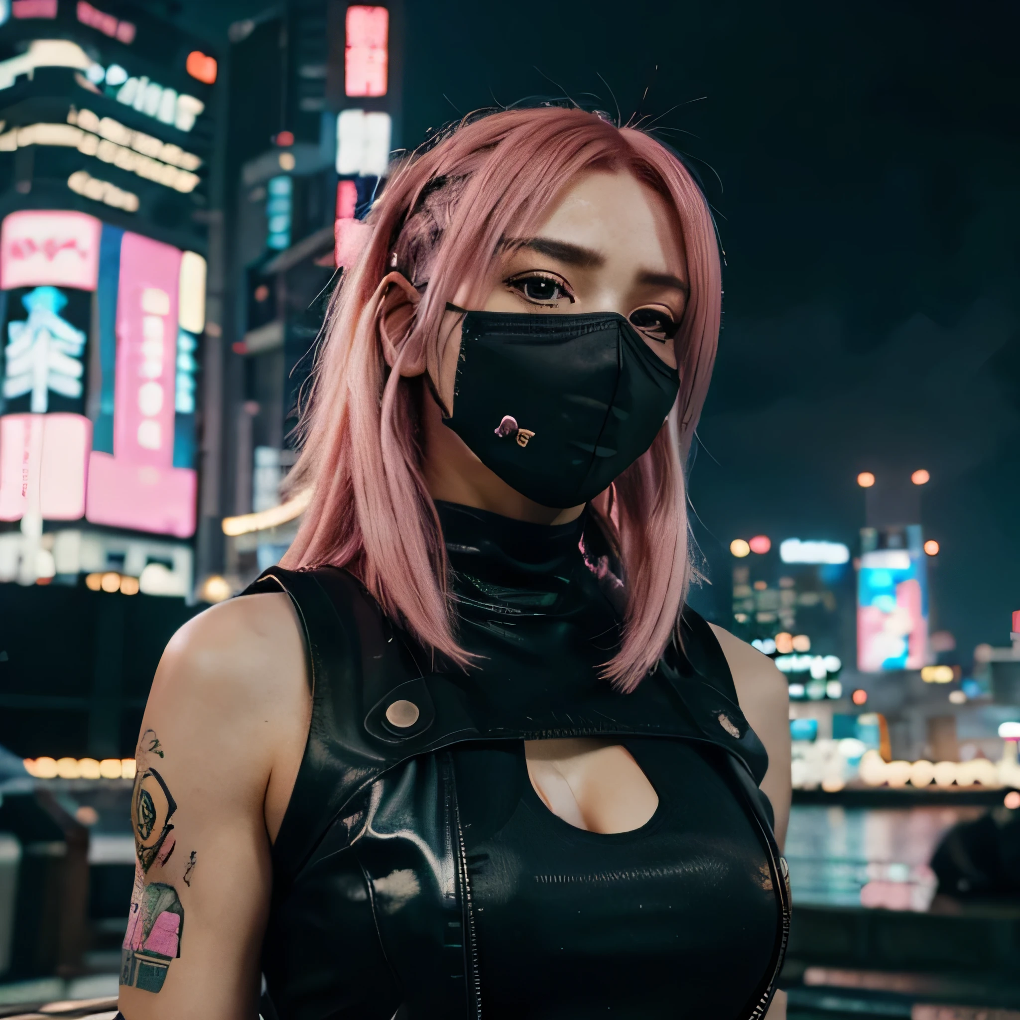 cyberpunk 2d anime girl with pink hair and a hightech mask with sci fi tokyo in the background. 