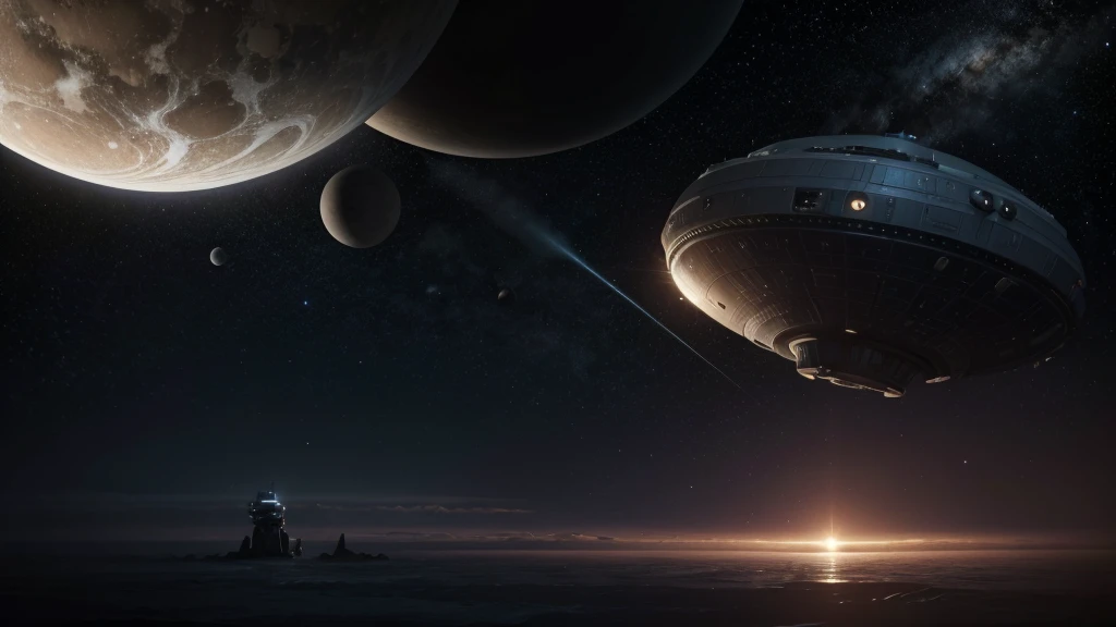 realistic, cinematic, the discovery of a new planet by several alien ships seen from the distant galaxy, ultra HD