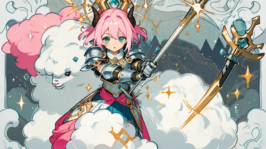 a minecraft background showing mountains and a dungeon. In the middle, a minecraft avatar with bright blue diamond armor in heroic pose, Looking forward. In a corner, a trapped pink sheep, with an expression of concern. Add glitter and sparkles to the armor, and arrows that guide the eye to the pink sheep. Includes light and shadow effects for depth, with luminous borders around the avatar and the pink sheep to stand out.