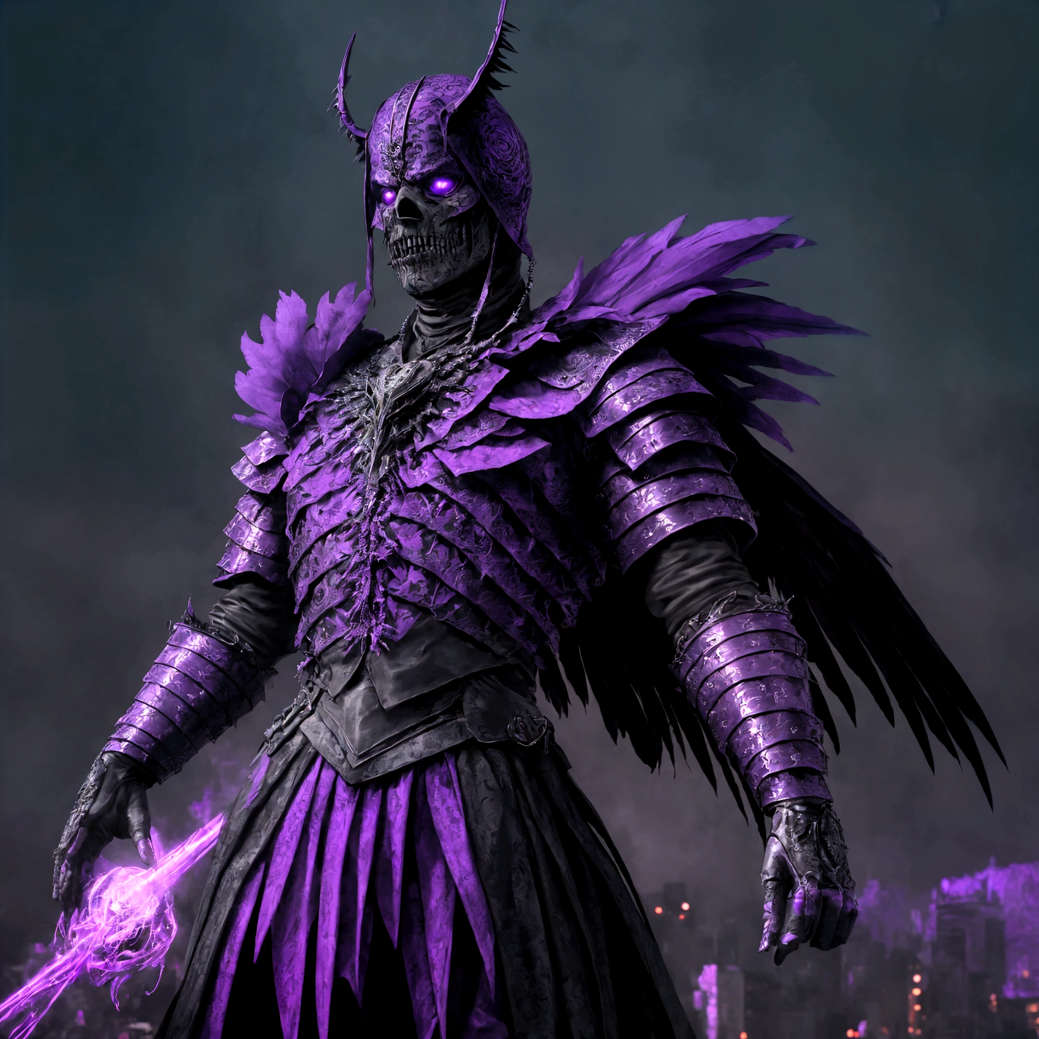 (extremely detailed 8k wallpaper), a medium shot photo of scary Grim dressed as a purple raven-man in an armour made of purple glowing wires from marvel, theme, intricate, high detail, dramatic, old scary building with a huge raven in the background