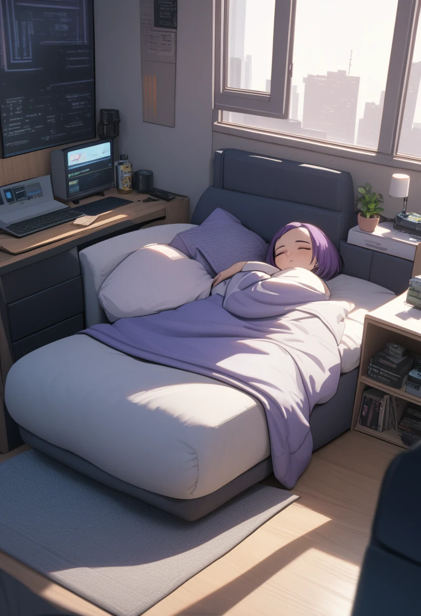 Adult Female, Black purple hair, slanted bob haircut, phlegmatic, stoic expression, cyberpunk apartment, sleeping, baggy clothes, slob, highly detailed, high quality, perfect quality, 8k|