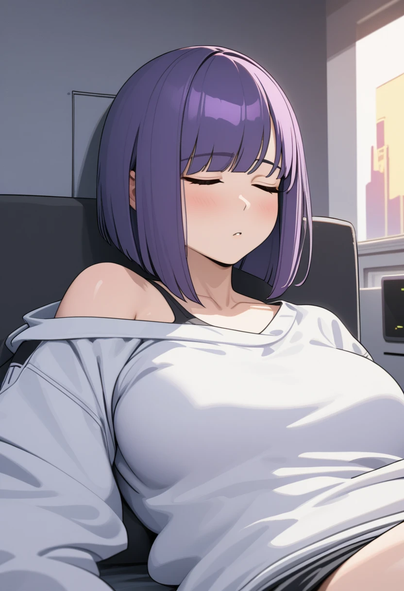 Adult Female, Black purple hair, slanted bob haircut, phlegmatic, stoic expression, cyberpunk apartment, sleeping, baggy clothes, slob, highly detailed, high quality, perfect quality, 8k|