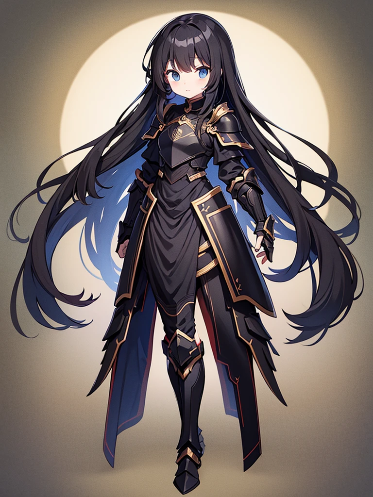 Full-body portrait、Are standing、Black Hair、Messy hair、Very long hair、Long Hair、Heavy armor with a black base、All black armor、western style armor