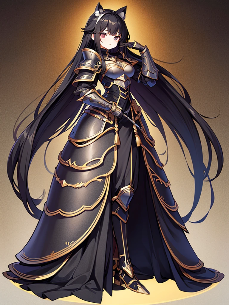 Full-body portrait、Are standing、Black Hair、Messy hair、Very long hair、Long Hair、Heavy armor with a black base、All black armor、western style armor