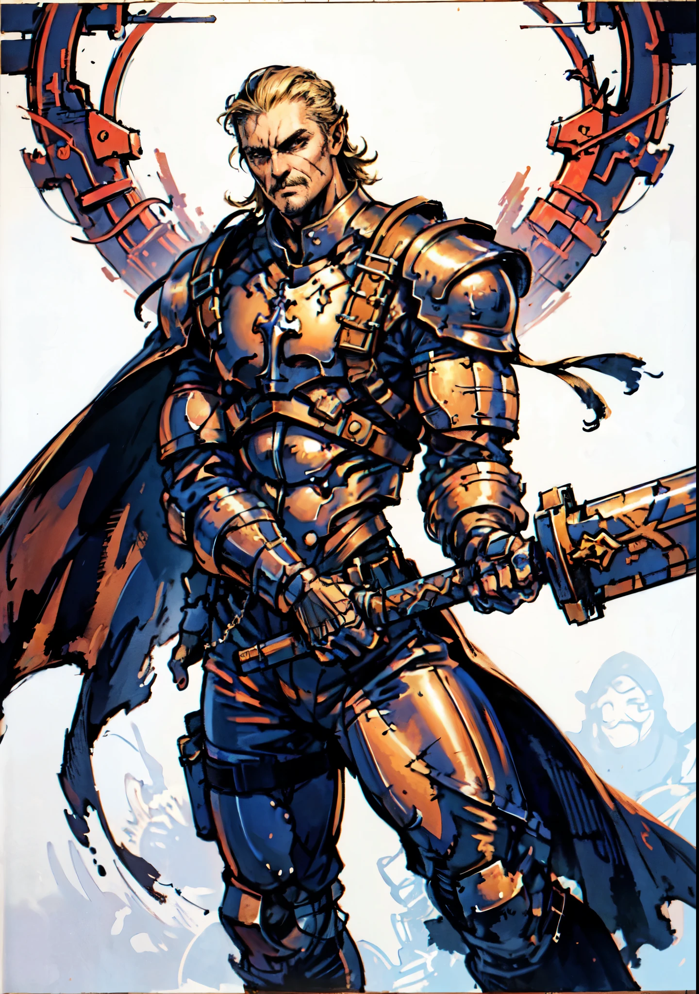 (masterpiece:1.2, best quality, extremely delicate, perspective, foreshortening, dynamic angle), a middle-aged man with slicked-back golden hair, a dignified face, deep eyes, a mustache on his upper lip, a focused expression, tall and muscular, covered in scars, fantasy-reality style warrior leather armor, ribbons tied around his arms, black iron bracers, dark cargo pants, holds a long-handled greatsword with both hands, standing guard in front of a fortress gate, this character embodies a finely crafted fantasy-realist style warrior in anime style, exquisite and mature manga art style, dramatic, high definition, highres, ultra-detailed, ultra-fine painting, professional, perfect body proportions, golden ratio, anatomically correct, symmetrical face, extremely detailed eyes and face, high quality eyes, creativity, RAW photo, UHD, 32k, Natural light, cinematic lighting, masterpiece-anatomy-perfect