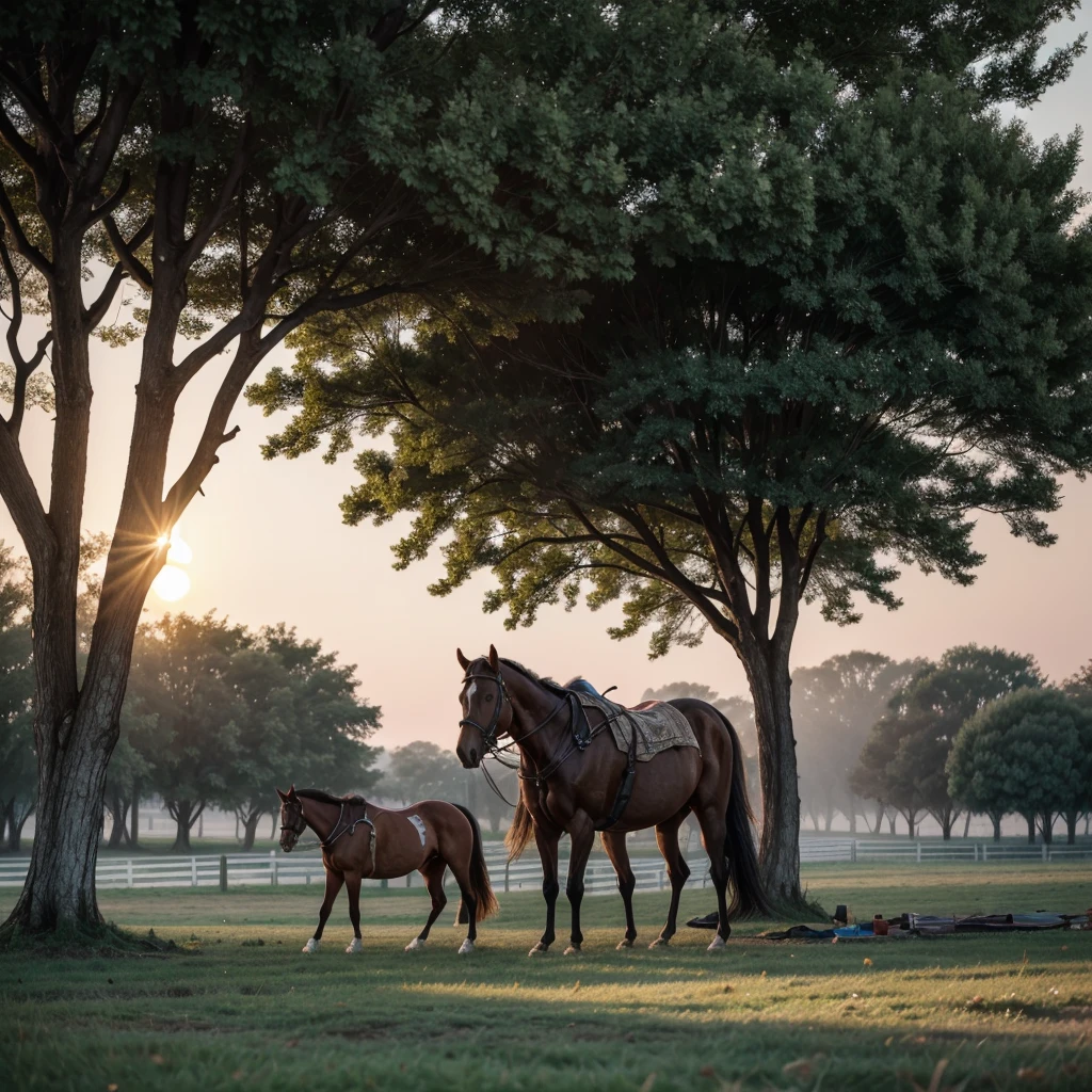 Elderly nomadic man resting against his horse under a tree on a farm at sunrise