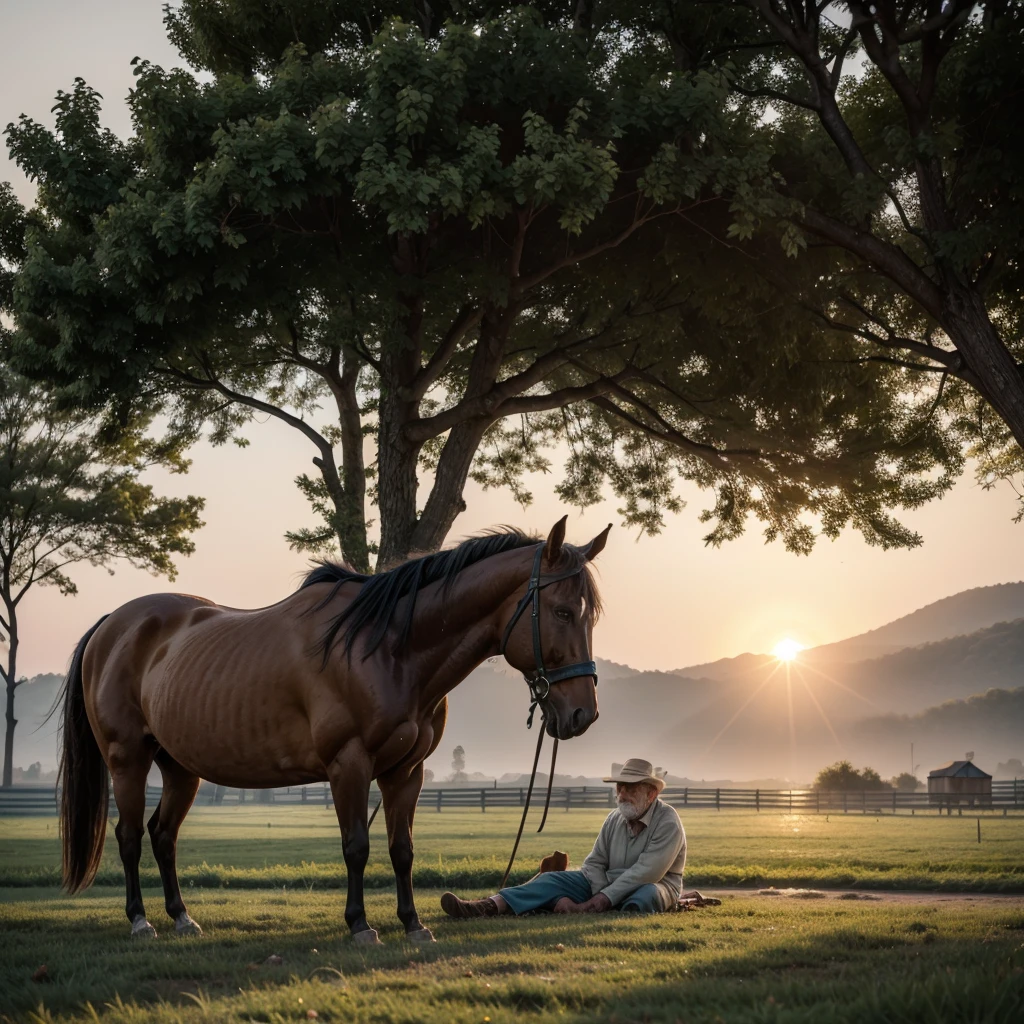 Elderly nomadic man resting against his horse under a tree on a farm at sunrise 