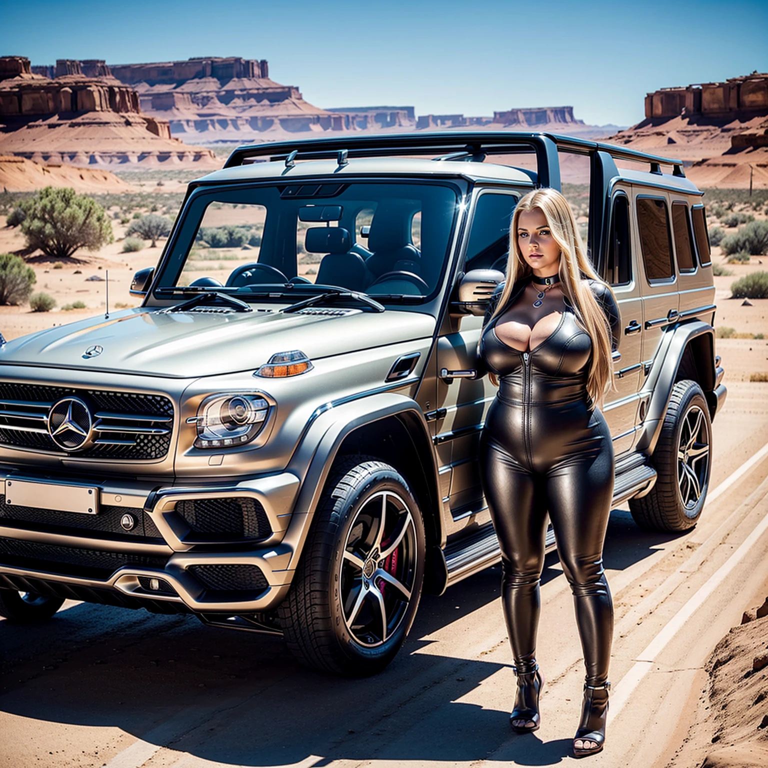A mature SSBBW woman, corpulent, obese, large-breasted, heavily made-up and wearing a leather dog collar, with very long blond hair. She's wearing a sexy nude bodysuit. She's leaning against a pink Mercedes G-Class. The Mercedes is shown in profile and must be ultra-realistic, paying attention to the details of the logo and the shape of the Mercedes G-Class. It has to be to scale. There must be only one Mercedes in the photo. The background is a Californian desert. She's alone in the picture, with no other woman beside her.