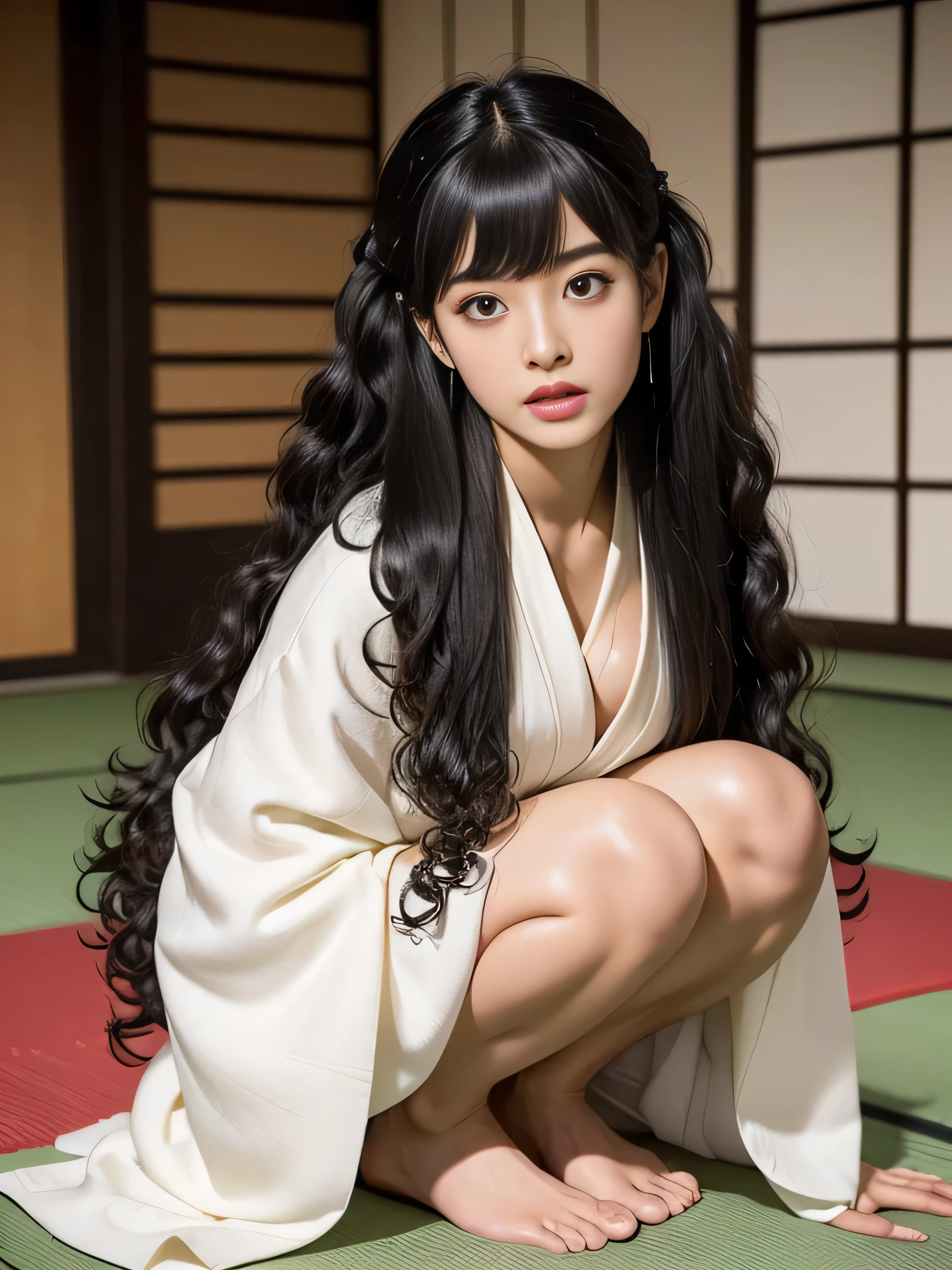 (Chest Up Shot:1.1)　(She is kneeling randomly on the tatami mat of a formal Japanese room.:1.4)　((She is wearing a formal kimono with a black and white color scheme.!!!))　(She is perfect gorgeous hairpin:1.8)　(She looks at the viewer and gives the most sexy look)　((The expression of a girl who has reached a very orgasmic climax because of masturbation:1.8))　((Highest quality)), ((masterpiece)), (Family Friendly), (Get used to it)　((Big Breasts))　((Her hair is very curly:1.4))　((She sir々Has a hairstyle))　(Her hair is pitch black!!!)　((Her bangs are neatly trimmed and straight down.:1.3))　(Very long hair Up to the ankle!!!!!　Highest quality　Attention to detail　Very long hair Up to the ankle!!!!!　Very long hair!!!!! It lasts forever!!!!!　Flowing Hair　Very shiny and thick hair　Abnormally long hair!!!!! It lasts forever!!!!!　Flowing Hair on both ends!!!!!　Very long hair!!!!! Up to the ankle!!!!!　Very long hair!!!!! Up to the ankle!!!!!　　Thick and shiny hair　Very free hair　Abnormally long hair!!!!!　Beautiful silky hair　Beautiful and shiny hair　Beautiful and shiny hair　Beautiful silky hair　Very long hair Up to the ankle!!!!!　Very long hair!!!!!　Very long hair!!!!!)　(Japanese Solo Photos&#39;The most beautiful 24-year-old kimono model)　Perfect Female&#39;face　(She has a typical Japanese build and skin color..., Her skin is very high quality and ultra high definition.、very beautiful and glowing skin)　(Her face is dignified and sexy)（She applied sexy makeup with the help of a professional makeup artist......　Lipstick is bright red!!!　The eyeliner is a beautiful black)　(She has a typical Japanese build and skin color　Her skin is very delicate and sensitive..、and、Such beautiful and radiant skin)　((Her face shape is thinner than average:1.6))　((Her eye width is larger than average:1.6))　((Her eyes are wider than average:1.6))　((Rich 1.4))　(Extremely detailed 8K)　(Ultra-fine skin texture 1.4)　(Now, Vibrant:1.4), 　Sharp focus:1.2、Beautiful woman:1.4　Dynamic Lighting　(Genuine RAW photos taken by professional photographers)　very beautiful and glowing skin)　(Surreal photos by professional photographers :1.2)　(Very long hair Up to the ankle!!!!!　Highest quality　Attention to detail　Very long hair Up to the ankle!!!!!　Very long hair!!!!! It lasts forever!!!!!　Flowing Hair　Very shiny and thick hair　Abnormally long hair!!!!! It lasts forever!!!!!　Flowing Hair on both ends!!!!!　Very long hair!!!!! Up to the ankle!!!!!　Very long hair!!!!! Up to the ankle!!!!!　　Thick and shiny hair　Very free hair　Abnormally long hair!!!!!　Beautiful silky hair　Beautiful and shiny hair　Beautiful and shiny hair　Beautiful silky hair　Very long hair Up to the ankle!!!!!　Very long hair!!!!!　Very long hair!!!!!)　