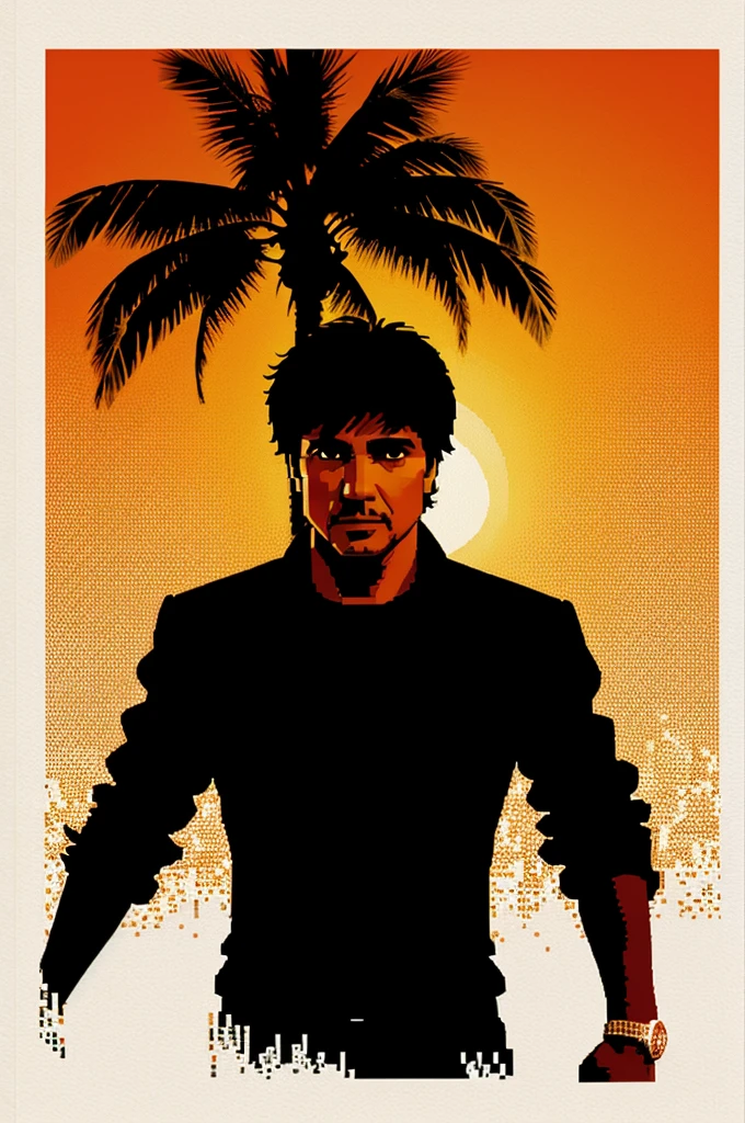 Tony montana en pixel art, Add the silhouette of palm trees and a background of orange and red colors