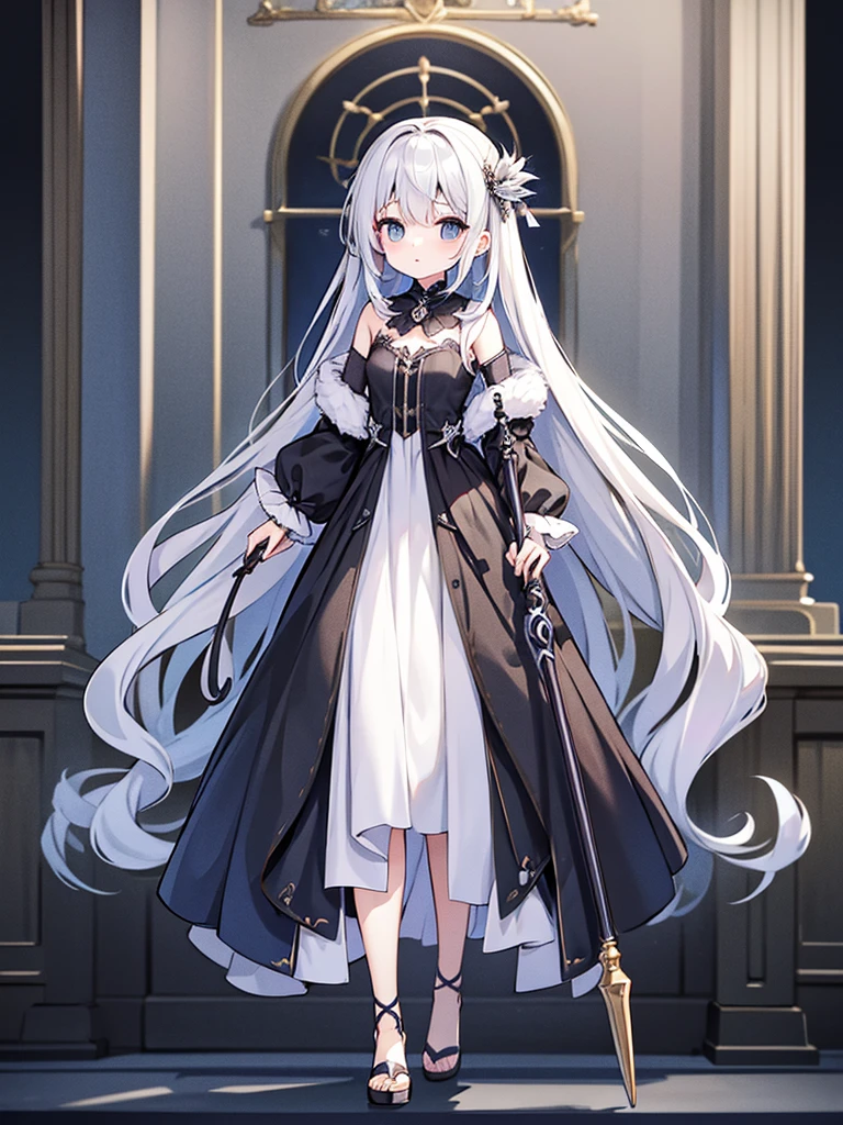 Full-body portrait、Are standing、silver gray hair、Messy hair、Very long hair、Long Hair、Silver-gray based noble princess outfit、Has a beautiful walking stick