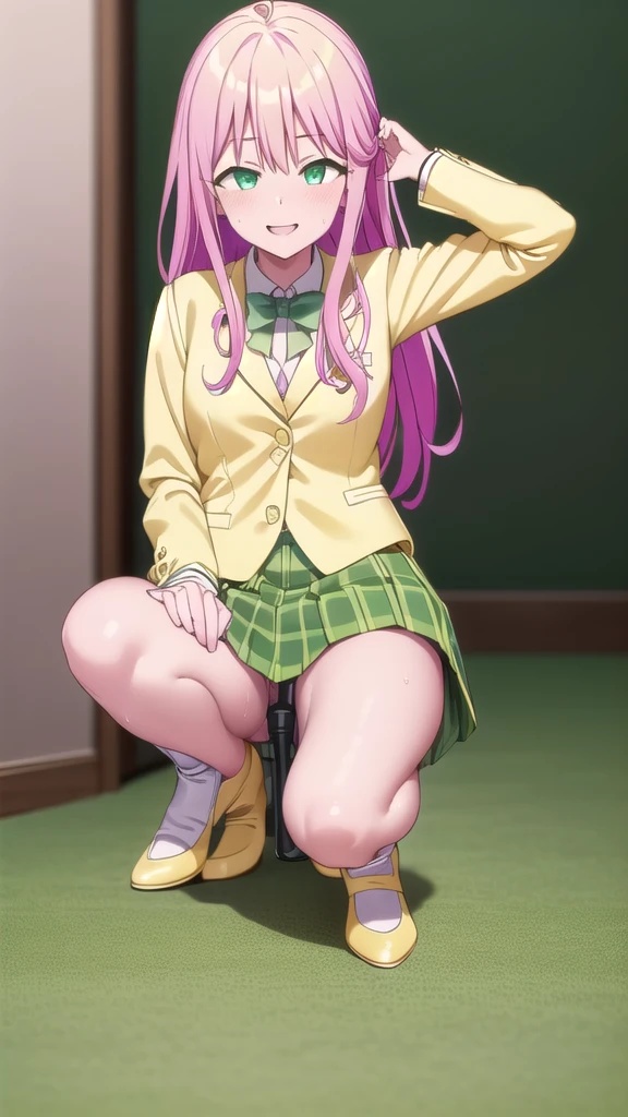 Laladevi Luke, Lara Deviluke, Long Hair, Pink Hair, tail, Ahoge, bangs, hair ornaments, (Green Eyes:1.5), smile,
break , White shirt, (yellow blazer:1.5), blazer, ribbon, green ribbon, Pleats, Pleats skirt, skirt, (green skirt:1.5),
break indoors, classroom,
break looking at viewer, (Cowboy Shot:1.5),
break (masterpiece:1.2), Highest quality, High resolution, unity 8k wallpaper, (figure:0.8), (beautiful detailed eyes:1.6), extremely detailed face, Perfect lighting, extremely detailed CG, (Perfect hands, Perfect Anatomy),Plump body、Naughty smile、Wet costume、Squatting with legs apart、blush、Sweaty