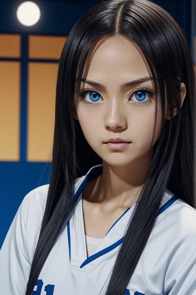 Haikyuu screenshot. Girl with long white straight hair and big blue eyes