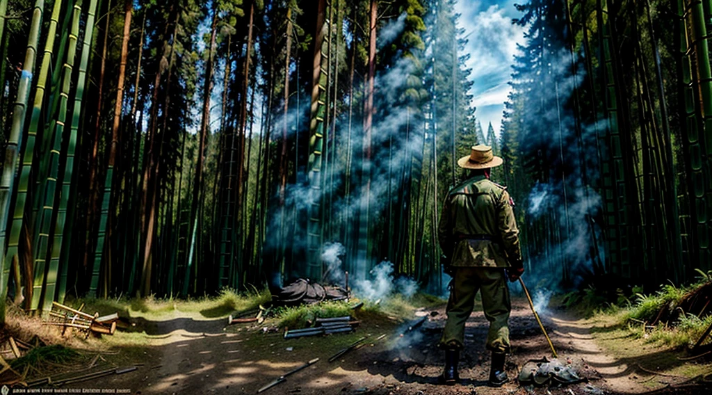 The Captain of the Forest -- closed hunter's jacket, long pants and hunter's boots, with a straw hat, he is wounded and carried by the men who are his henchmen = one on the left side, the other on the right side - - a lot of smoke a- - a lot of smoke - the captain of the forest gets up from the ground - leaving the forest in the background a bamboo grove