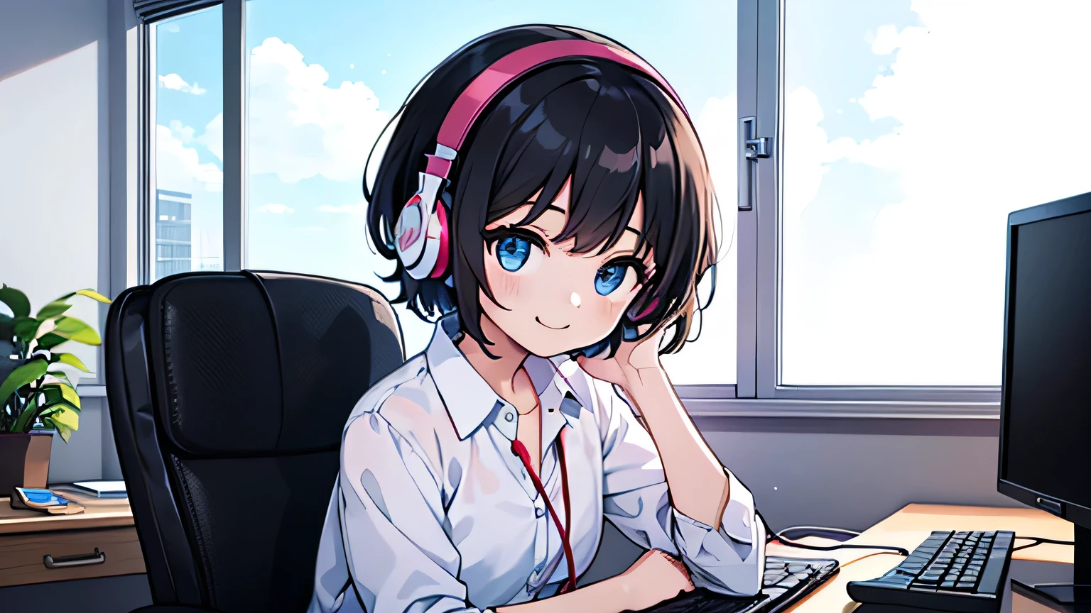 1girl, solo, blue eyes, (detailed eyes), flat chest, short hair, black hair, upper body, gentle smile on her face, wearing a black dress shirt , sitting up straight((masterpiece, illustration, best quality)) A beautiful girl working on a computer at her desk in her room while listening to music through headphones　Blue sky outside the window　Juice is placed