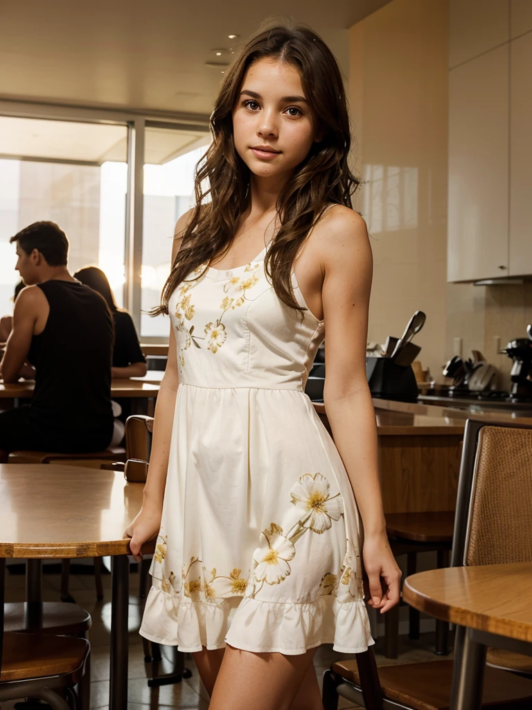 generates a photo of a white girl , slightly wavy brown hair brown eyes, shaped body, in a cafeteria with the glow of the sun at sunset reflecting its face, THE MODEL HAS A FLOWER DRESS SHOWING HER LEG A LITTLE IN A SENSUAL WAY