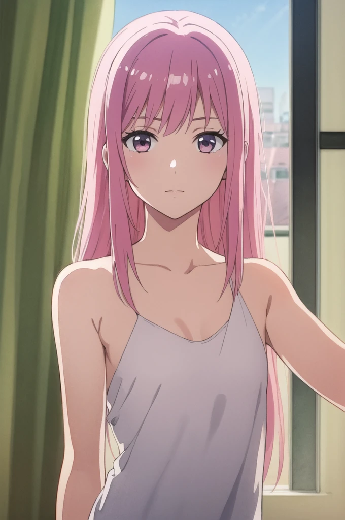 masterpiece, best quality, movie still, 1girl solo, female focus, looking at viewer, upper body, depth of field, (watercolor illustration, soft pastel colors:1.1), realistic, pink hair, white eyes, naked, perky small breasts