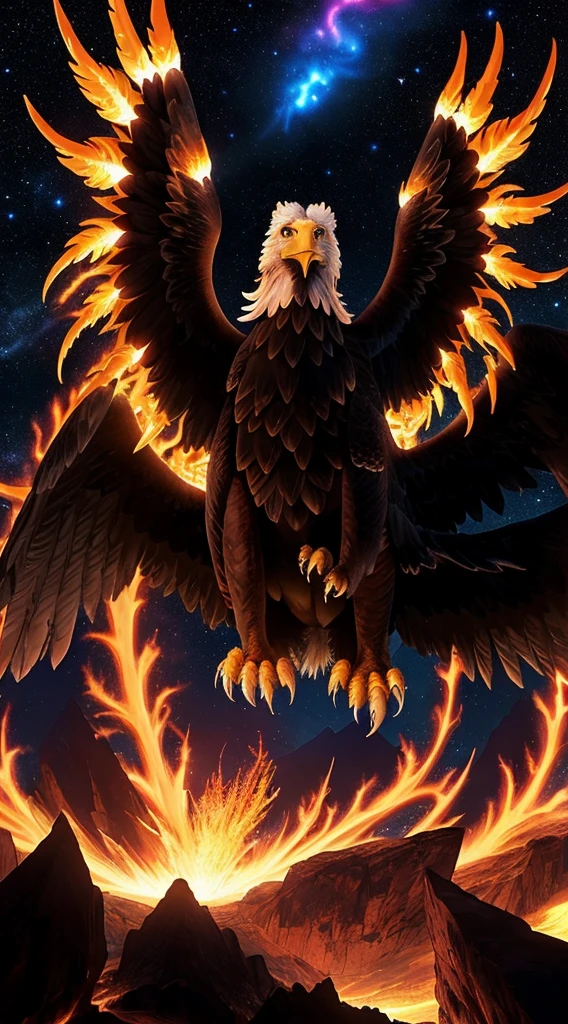 A mythical burning eagle emerges from the shadows, its colossal form ablaze with intense, flickering flames. Its wings, extended wide, are composed of fiery feathers that radiate heat and light, illuminating the surrounding darkness. The eagle’s eyes are incandescent, glowing like molten lava, exuding a fierce, unearthly power. The talons, sharp and glowing as if forged from white-hot metal, seem ready to seize any challenge. The background is a deep void, a canvas of inky blackness dotted with distant stars and swirling cosmic clouds, emphasizing the eagle’s fiery brilliance. The scene captures the awe-inspiring blend of raw power and mythical majesty.