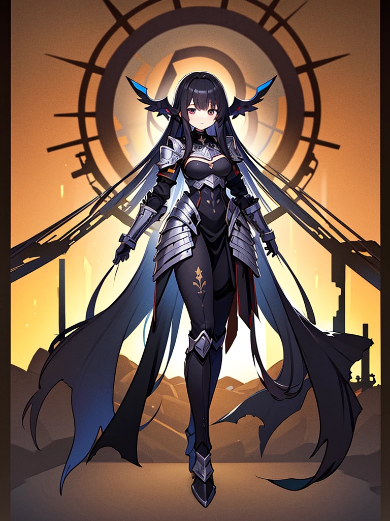 Full-body portrait、Are standing、Black Hair、Messy hair、Very long hair、Long Hair、Heavy armor with a black base、All black armor、western style armor