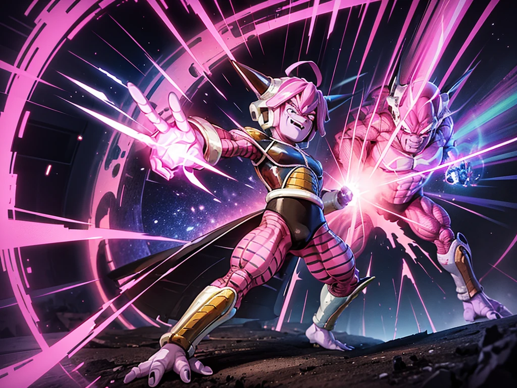 Create Majin Boo in an epic battle scene, depicting his round, pink form with a wide smile and expressive eyes. He is surrounded by wreckage from a destroyed city, with smoking craters in the background. Beside him, the Z Fighters are in combat stance, ready to confront this menace. The sky is charged with energy and dark clouds, symbolizing the intensity of the fight. Majin Boo emits a bright pink aura, standing out amidst the chaos around him