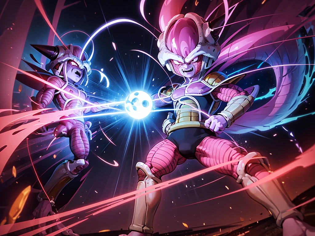 Create Majin Boo in an epic battle scene, depicting his round, pink form with a wide smile and expressive eyes. He is surrounded by wreckage from a destroyed city, with smoking craters in the background. Beside him, the Z Fighters are in combat stance, ready to confront this menace. The sky is charged with energy and dark clouds, symbolizing the intensity of the fight. Majin Boo emits a bright pink aura, standing out amidst the chaos around him