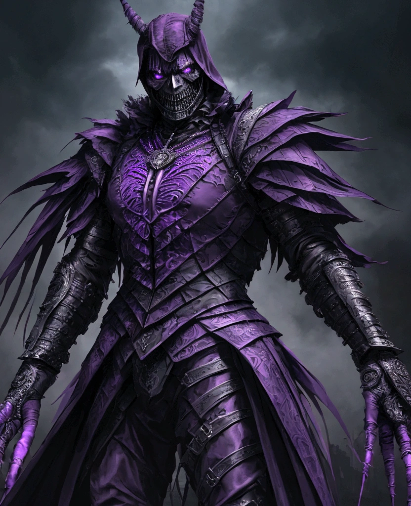 (extremely detailed 8k wallpaper), a medium shot photo of scary Grim dressed as a purple raven-man in an armour made of purple glowing wires from marvel, theme, intricate, high detail, dramatic, old scary building with a huge raven in the background