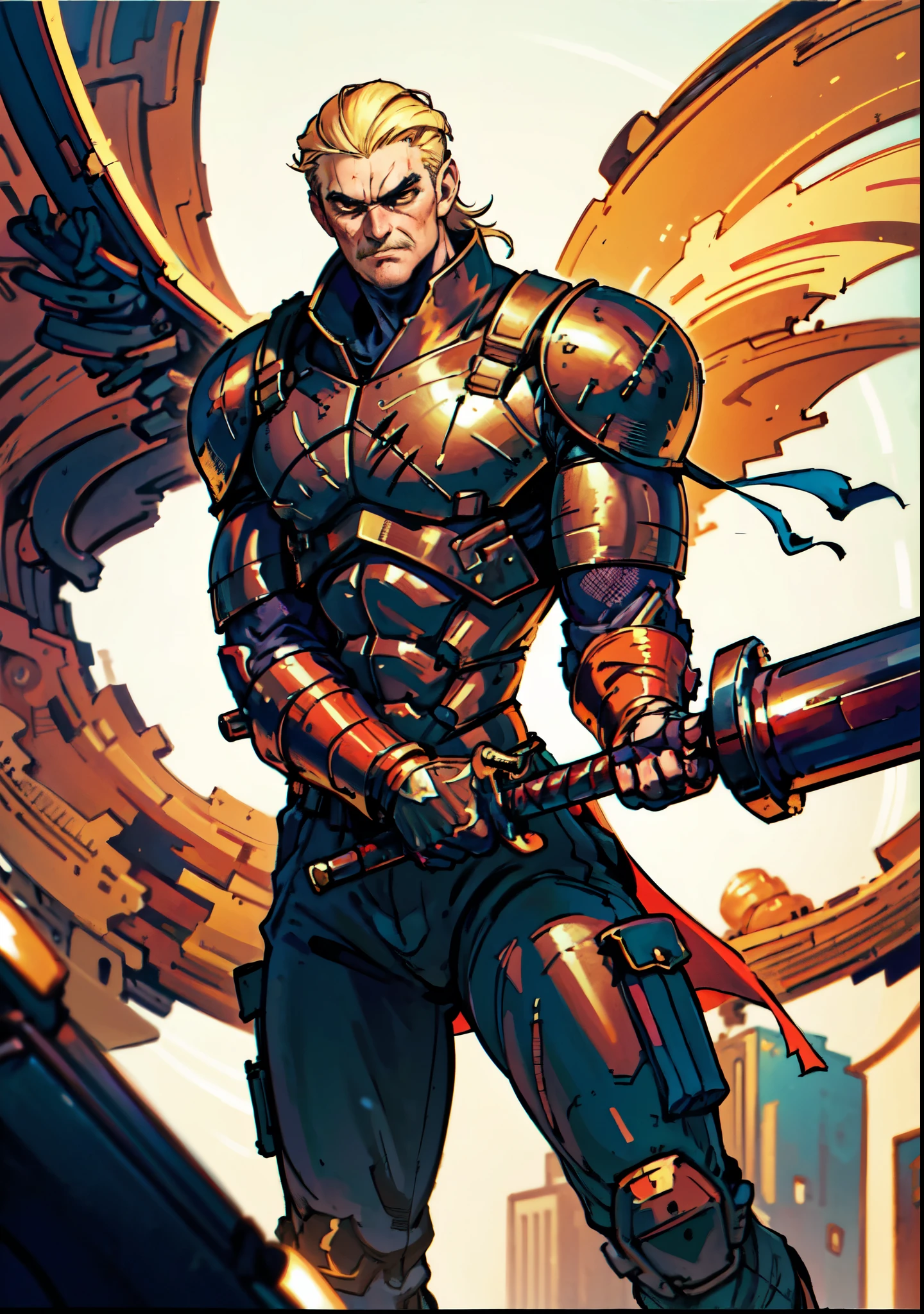 (masterpiece:1.2, best quality, extremely delicate, perspective, foreshortening, dynamic angle), a middle-aged man with slicked-back golden hair, a dignified face, deep eyes, a mustache on his upper lip, a focused expression, tall and muscular, covered in scars, fantasy-reality style warrior leather armor, ribbons tied around his arms, black iron bracers, dark cargo pants, holds a long-handled greatsword with both hands, standing guard in front of a fortress gate, this character embodies a finely crafted fantasy-realist style warrior in anime style, exquisite and mature manga art style, dramatic, high definition, highres, ultra-detailed, ultra-fine painting, professional, perfect body proportions, golden ratio, anatomically correct, symmetrical face, extremely detailed eyes and face, high quality eyes, creativity, RAW photo, UHD, 32k, Natural light, cinematic lighting, masterpiece-anatomy-perfect