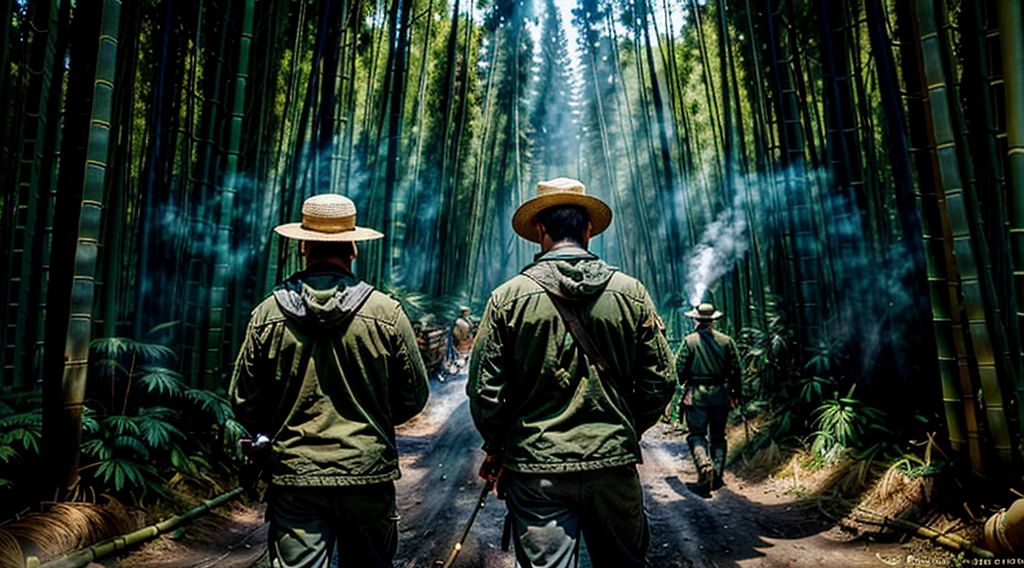 The Captain of the Forest -- closed hunter's jacket, long pants and hunter's boots, with a straw hat, he is wounded and carried by the men who are his henchmen = one on the left side, the other on the right side - - a lot of smoke a- - a lot of smoke - the captain of the forest gets up from the ground - leaving the forest in the background a bamboo grove