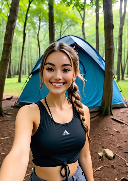 The image shows a stunning woman smiling at the camera in a selfie shot. She is standing outdoors, with a tent set up behind her. The tent has a blue and red color scheme, suggesting it might be a camping tent. The woman is wearing a black top and has a long hair tied. She is standing in front of a tree with lush green leaves, indicating a natural, possibly wooded, environment. The ground is covered with dirt, and there is a water bottle visible in the foreground. The overall setting suggests a casual, outdoor recreational activity, possibly camping or hiking.