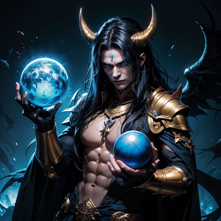 ((naughty man)), ((face perfect)), ((perfectbody)), ((ultra detalhada), a demon lord with long black hair and blue eyes with a defined body holding a magic sphere in his hand, wearing golden armor