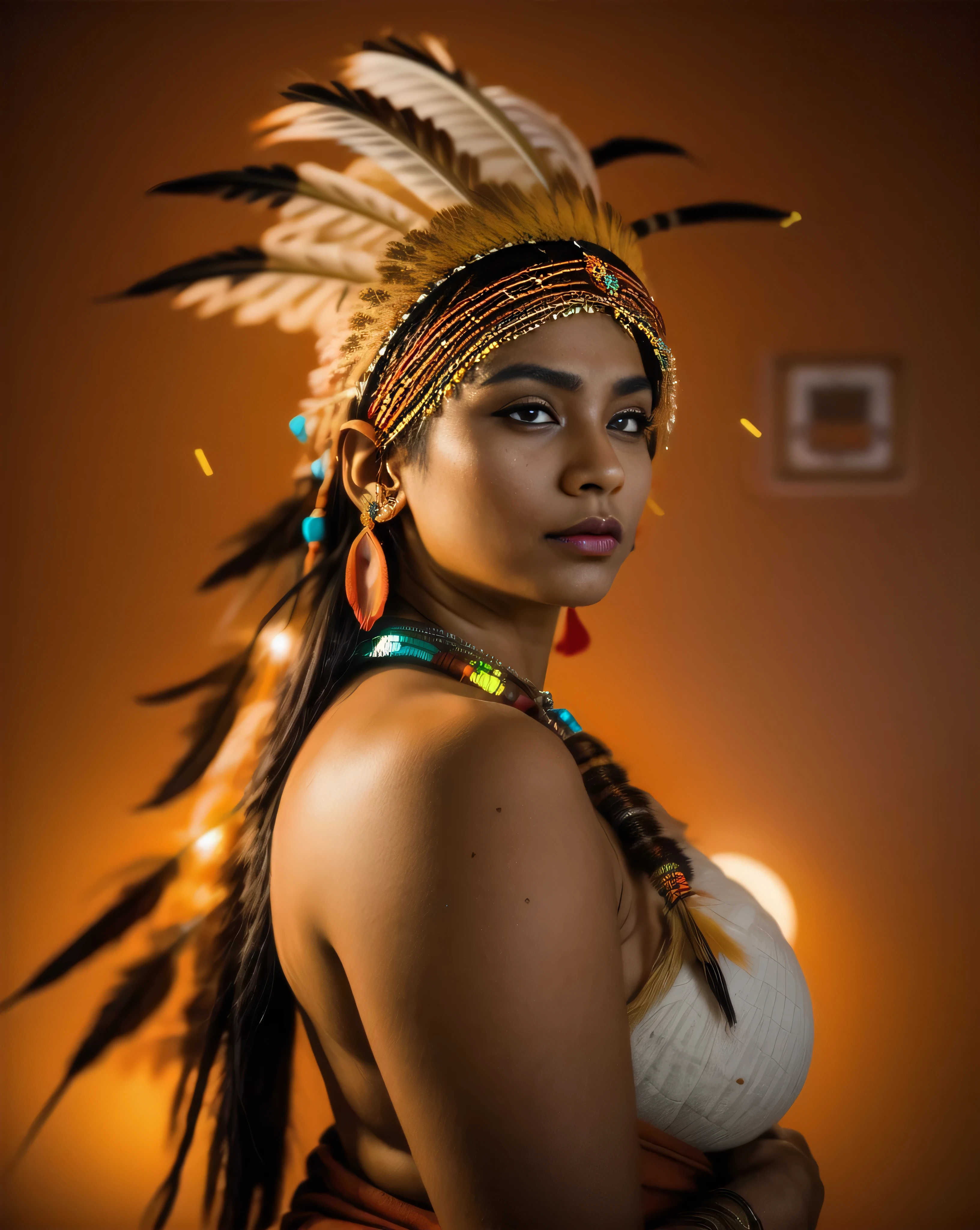 Beautiful Cherokee Indian woman with beautiful terracotta colored headdresses, blackw, doradas, cobre, Pearl, white and beige, feathers made of bright neon of various colors, flares on camera, bokeh, full moon night