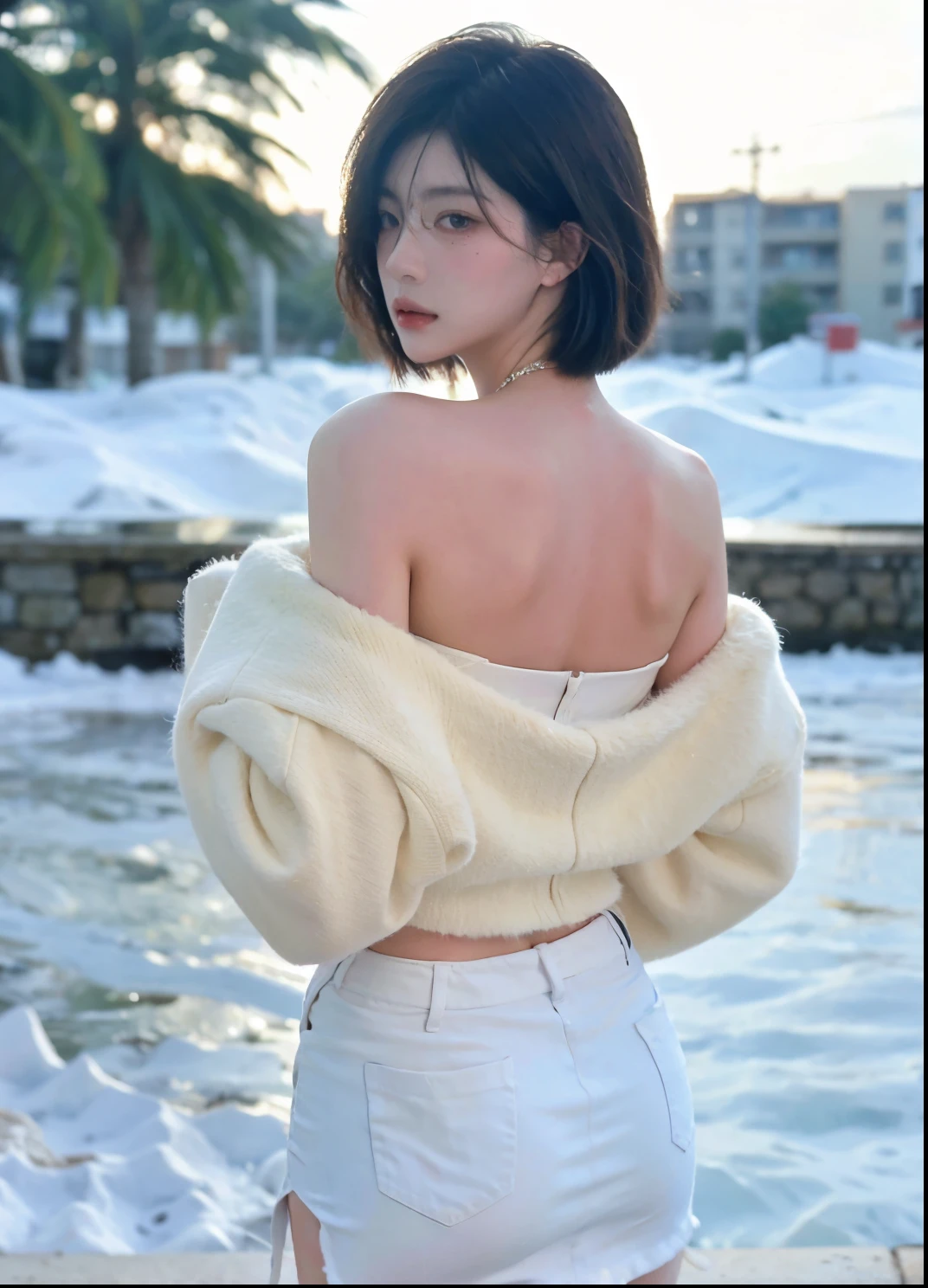 Beautiful woman with perfect figure:1.4,Ultra-high resolution,Put your hands behind your back,Snow background,(Realism:1.4),perspective,Layered hairstyle,Snow white skin,JK:1.5,Super short pleated skirt,whole body:1.4,Very delicate and skin texture,Double eyelids,Skin Whitening,Long hair,White hair